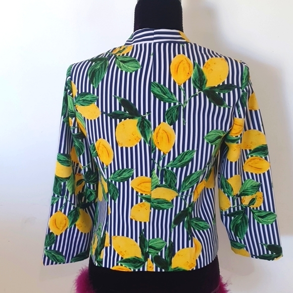 Roz & Ali Size XS (approx 8) Navy Blue and Yellow Striped Lemon Jacket - Picture 3 of 7